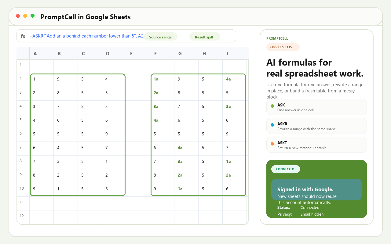 PromptCell running inside Google Sheets with a formula, selected source range, result spill, and connected sidebar.